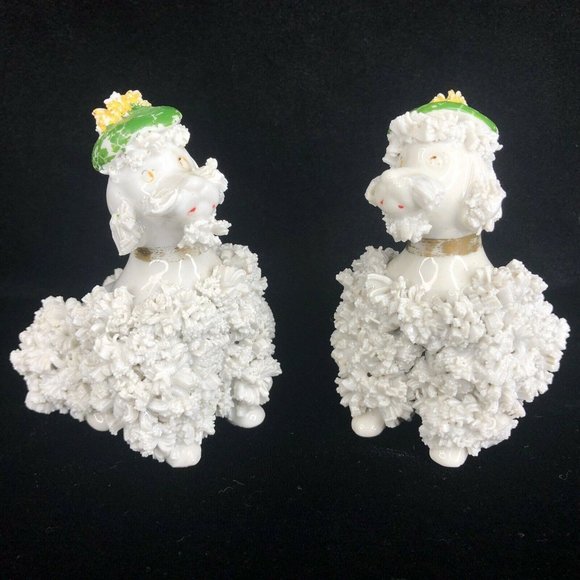 2 Vintage White Porcelain Spaghetti Poodle Dogs Wearing Green Beret Hat Figurine - Picture 1 of 12